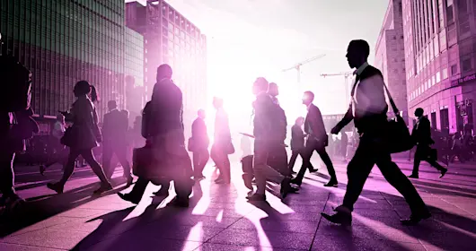 People walking on purple background
